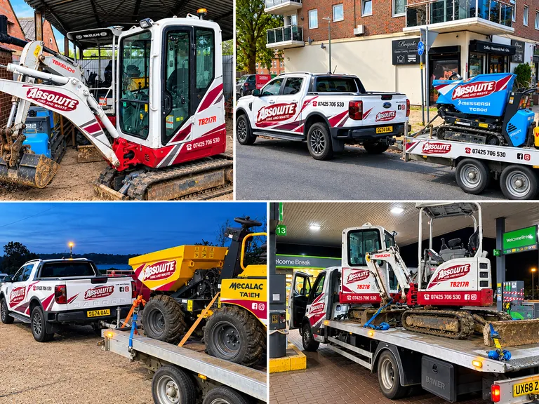 The Absolute Waste & Hire fleet of mini diggers, dumpers, pickup and recovery truck